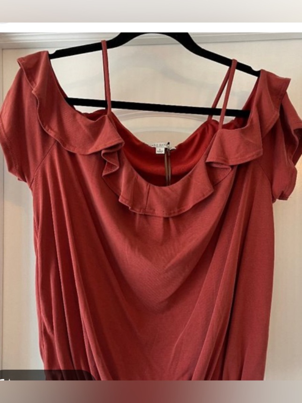 Green Envelope Burnt Orange Ruffled Off-Shoulder Top